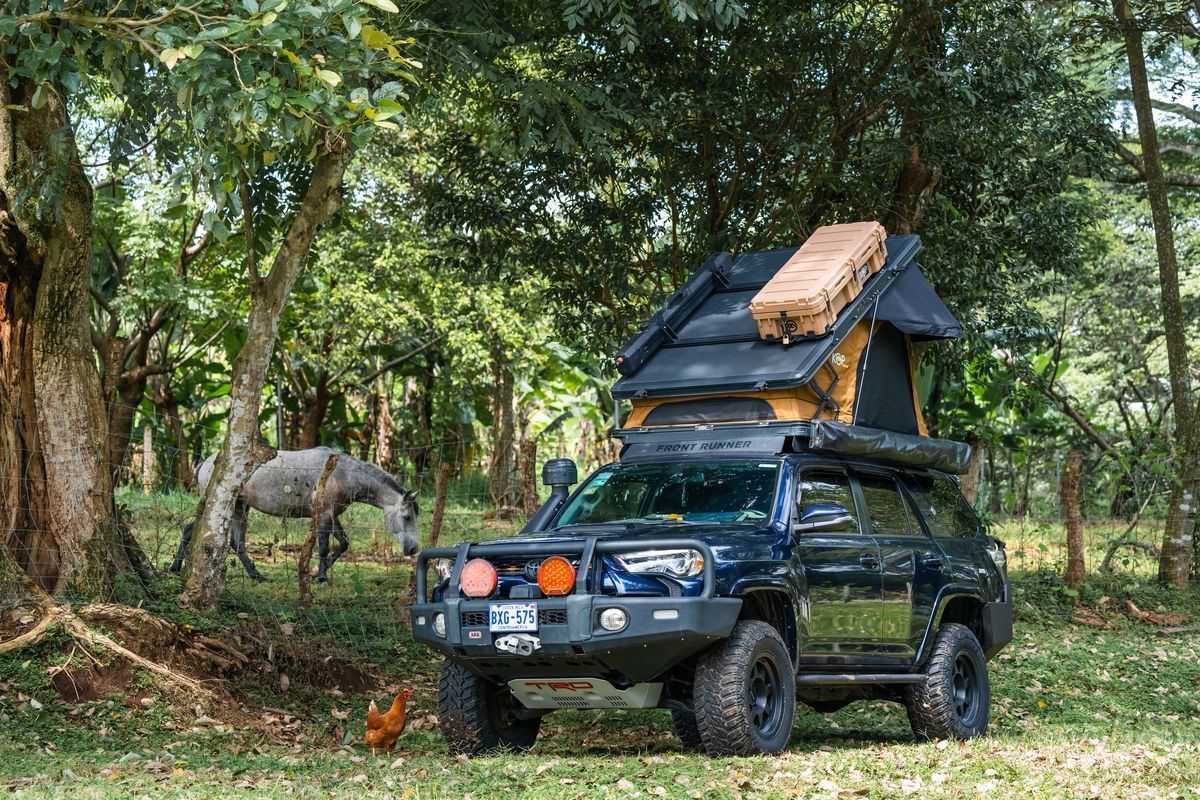 Front view of the Toyota 4Runner Premium with its rooftop tent open