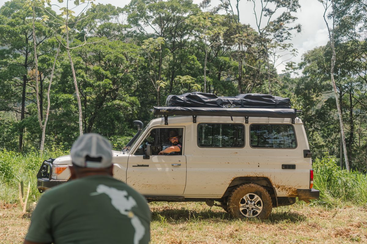 Toyota Land Cruiser Troopie with roof rack parked at the edge of the forest